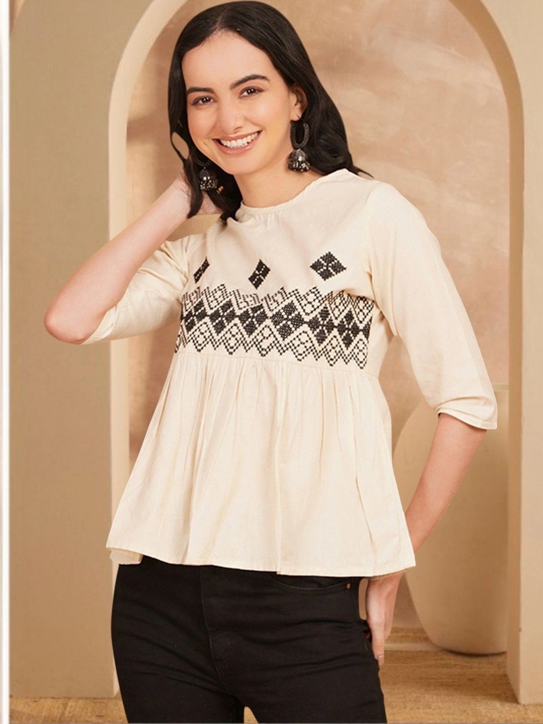 Anouk Rustic Geometric Embroidered Pure Cotton Blend Khadi Empire Kurti-picture-21