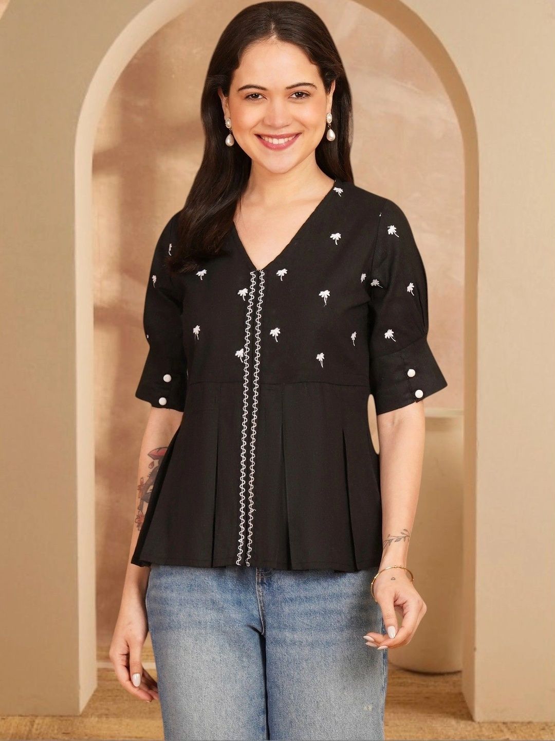 Anouk Rustic Ethnic Motifs Embroidered V-Neck Pure Cotton Blend Khadi Pleated Kurti-picture-41