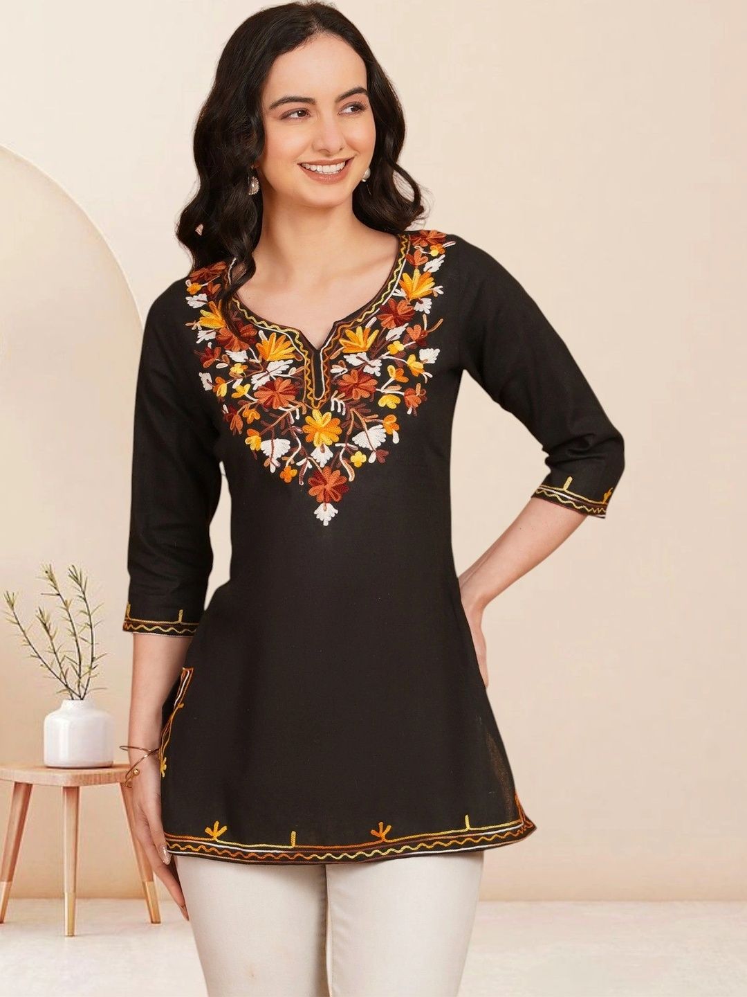 KALAMIR Floral Embroidered V-Neck Thread Work Pure Cotton Blend Khadi Thread Work Kurti-picture-39