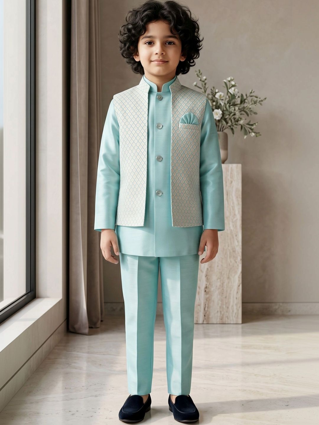 ahhaaaa Boys Embroidered Mandarin Collar Sherwani Set-picture-35