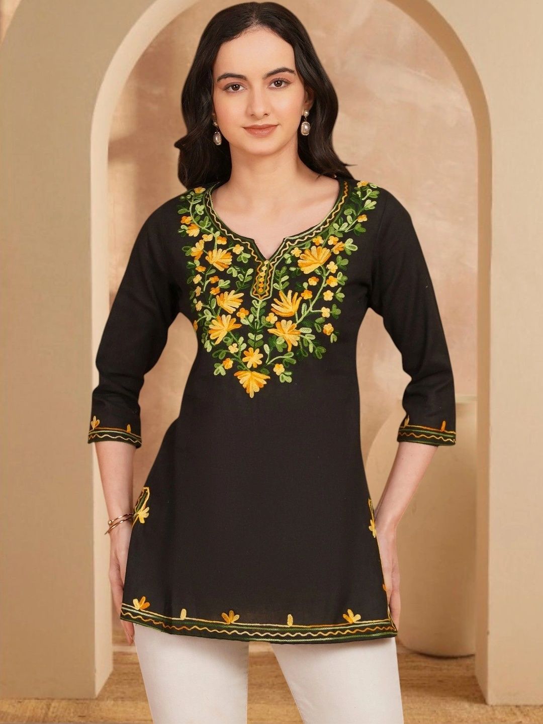 Anouk Rustic Floral Embroidered V-Neck Pure Cotton Blend Khadi Kurti-picture-21