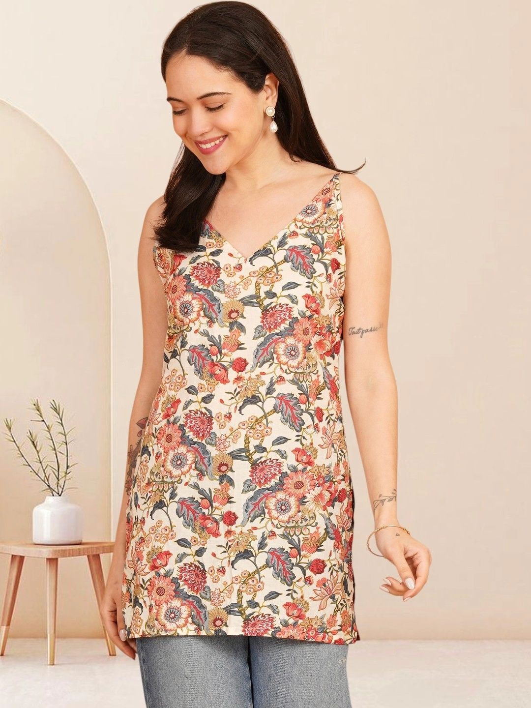 KALAMIR Floral Printed V-Neck Pure Cotton Blend Khadi Kurti-picture-51