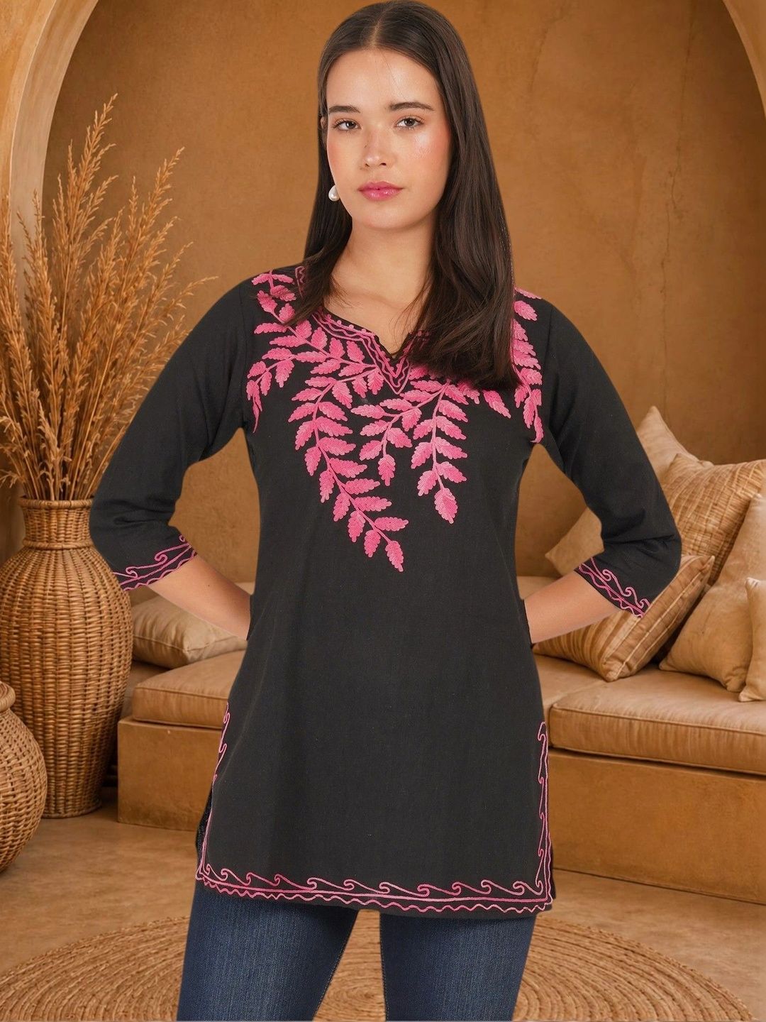 Anouk Rustic Ethnic Motifs Embroidered V-Neck Thread Work Pure Cotton Blend Khadi Thread Work Kurti-picture-30