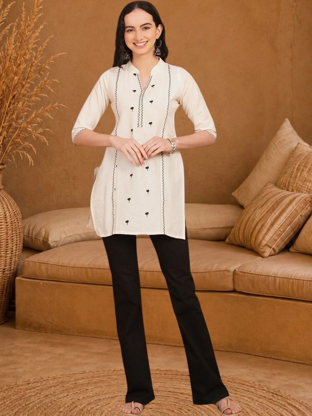 Anouk Rustic Ethnic Motifs Embroidered Thread Work Pure Cotton Blend Khadi Thread Work Kurti-picture-38