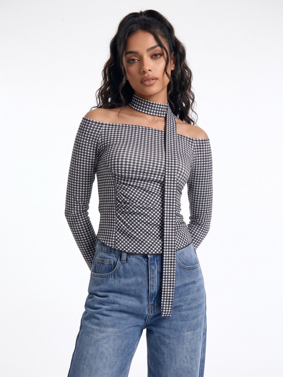 glitchez Checked Scarf Neck Fitted Top-picture-14