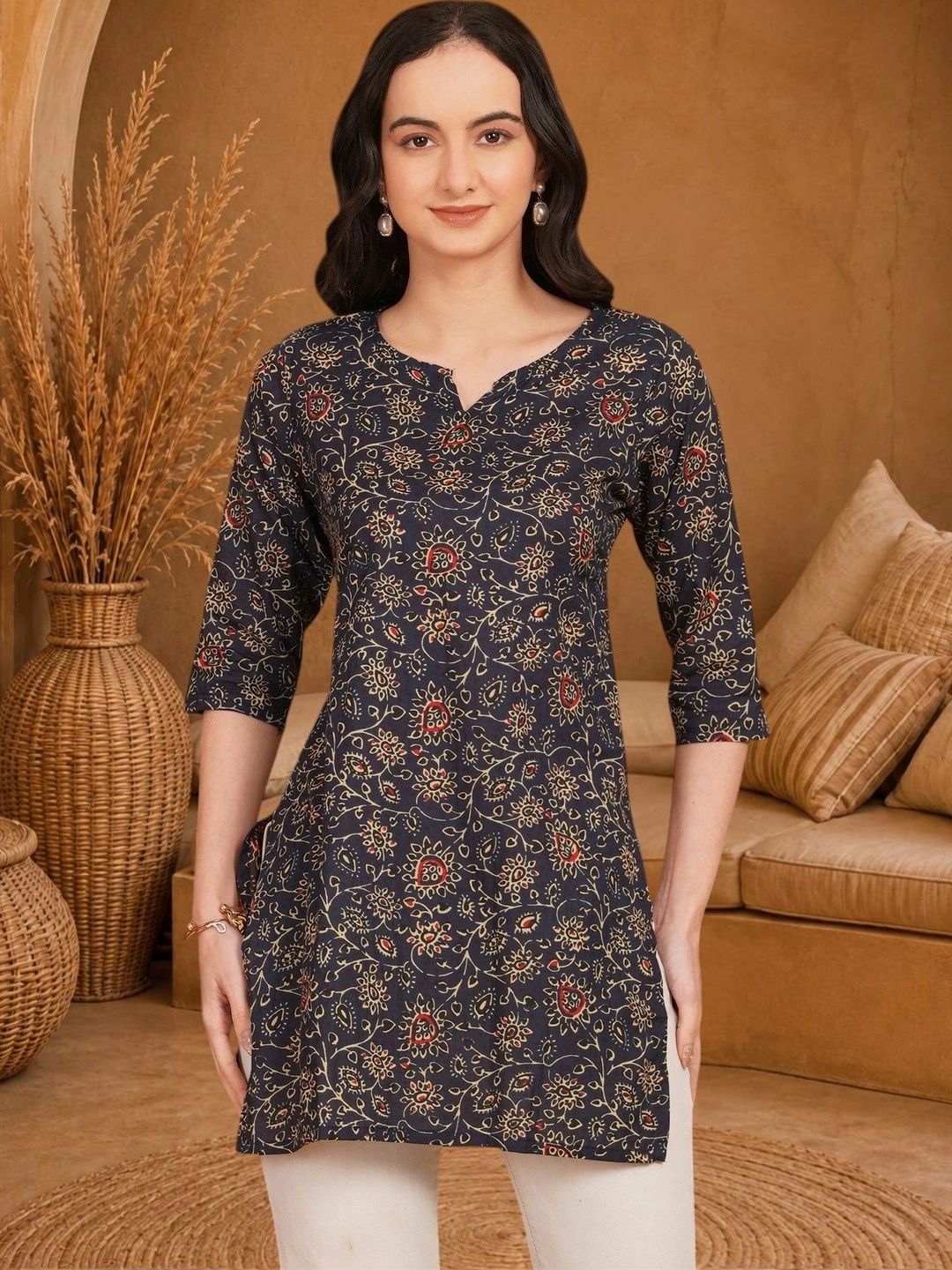 Anouk Rustic Floral Printed V-Neck Pure Cotton Blend Khadi Kurti-picture-40