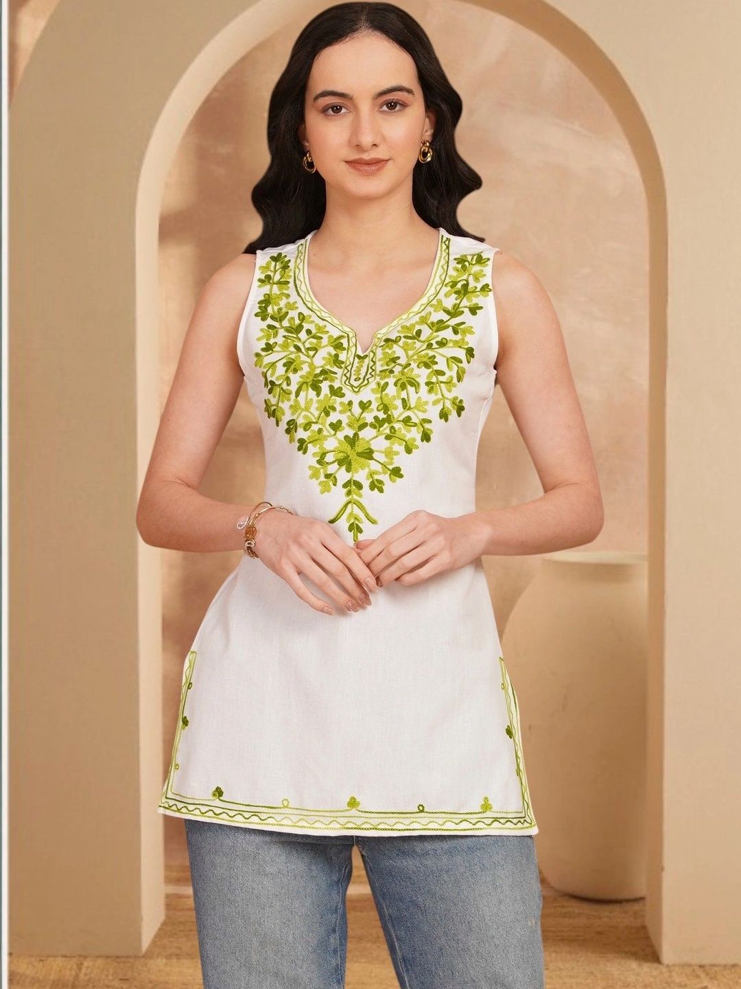 Anouk Rustic Ethnic Motifs Embroidered V-Neck Thread Work Pure Cotton Blend Khadi Thread Work Kurti-picture-16