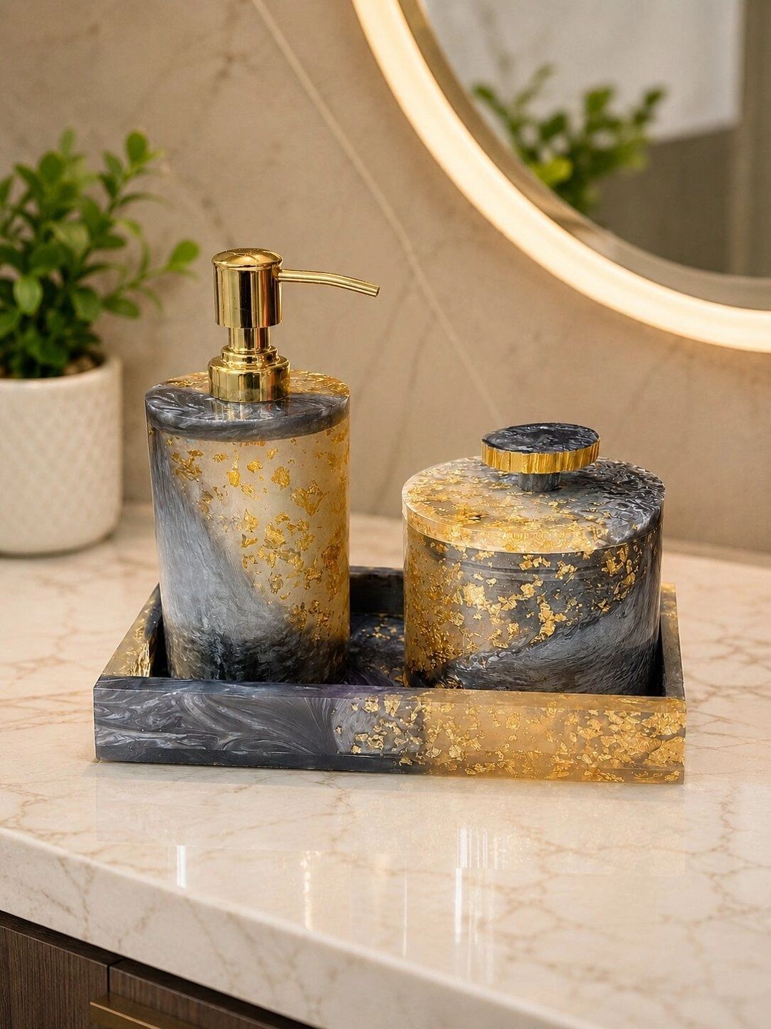 GRD INTERNATIONAL Black 3 piece Abstract Resin Bath Accessories Set-picture-10