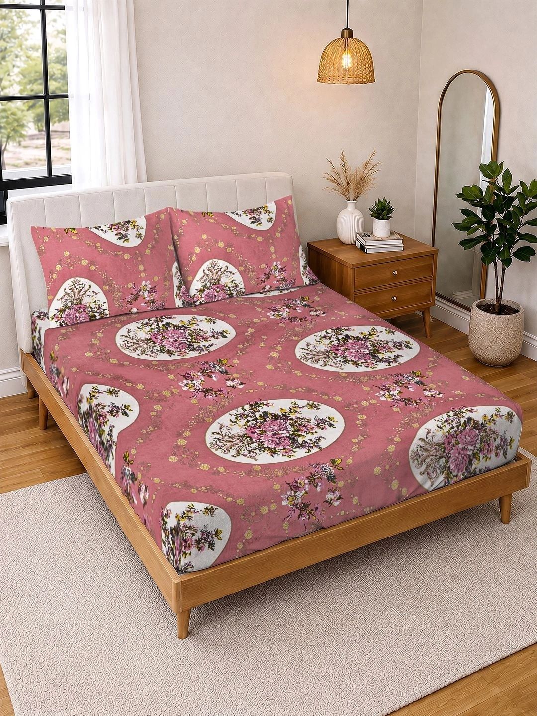 KLOTTHE Rust Floral 300 TC King Bedsheet with 2 Pillow Covers-image-49