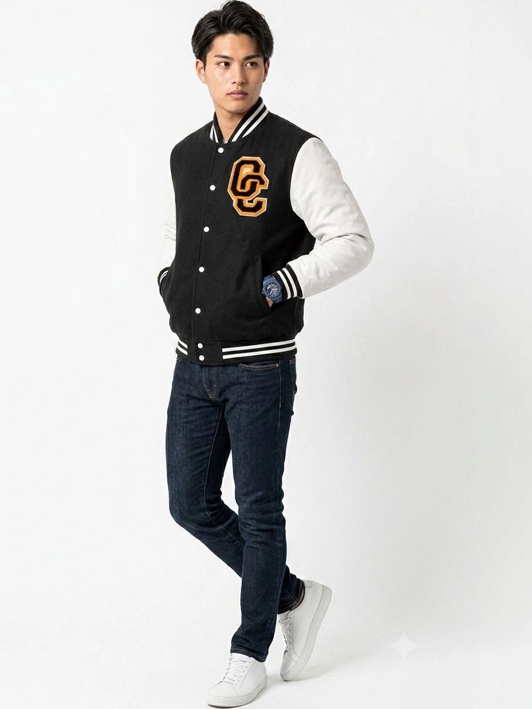 oiin Men Brand Logo Colourblocked Fleece Blend Varsity Jacket with Embroidered-picture-29