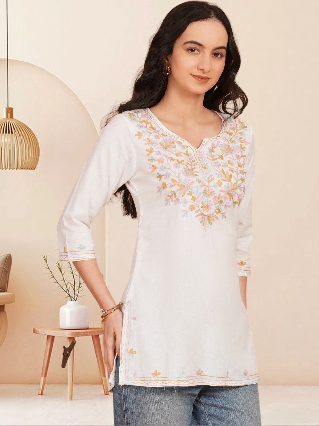 KALAMIR Ethnic Motifs Embroidered V-Neck Pure Cotton Blend Khadi Kurti-picture-18