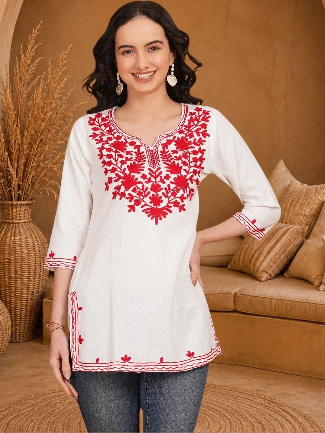 Anouk Rustic Floral Embroidered V-Neck Pure Cotton Blend Khadi Kurti-picture-25