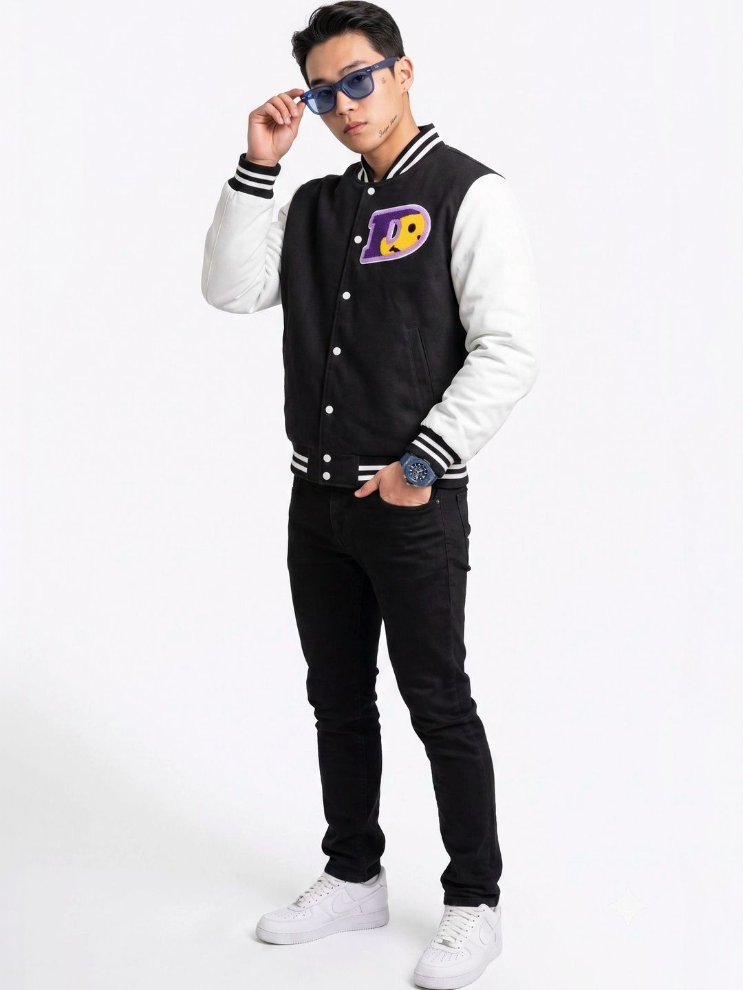 oiin Men Brand Logo Colourblocked Fleece Blend Varsity Jacket with Patchwork-picture-30