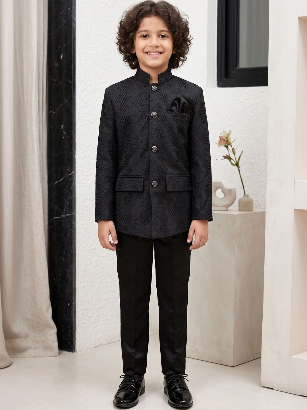 ahhaaaa Boys Embroidered Mandarin Collar Bandhgala Jodhpuri Sherwani Set-picture-14