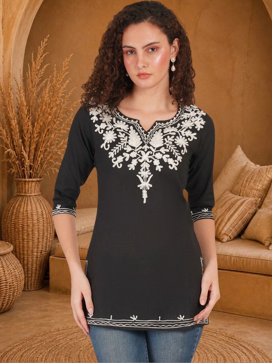 Anouk Rustic Ethnic Motifs Embroidered V-Neck Pure Cotton Blend Khadi Kurti-picture-54