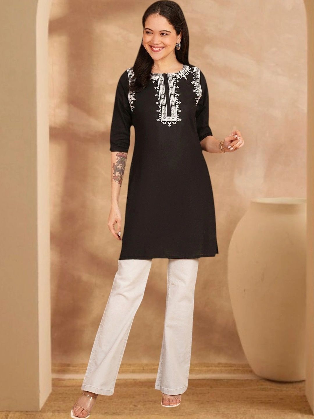 Anouk Rustic Ethnic Motifs Embroidered Thread Work Pure Cotton Blend Khadi Thread Work Kurti-picture-37