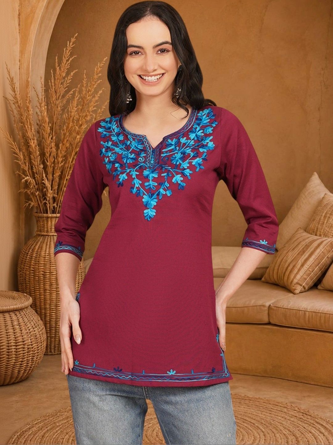 Anouk Rustic Ethnic Motifs Embroidered V-Neck Thread Work Pure Cotton Blend Khadi Thread Work Kurti-picture-18