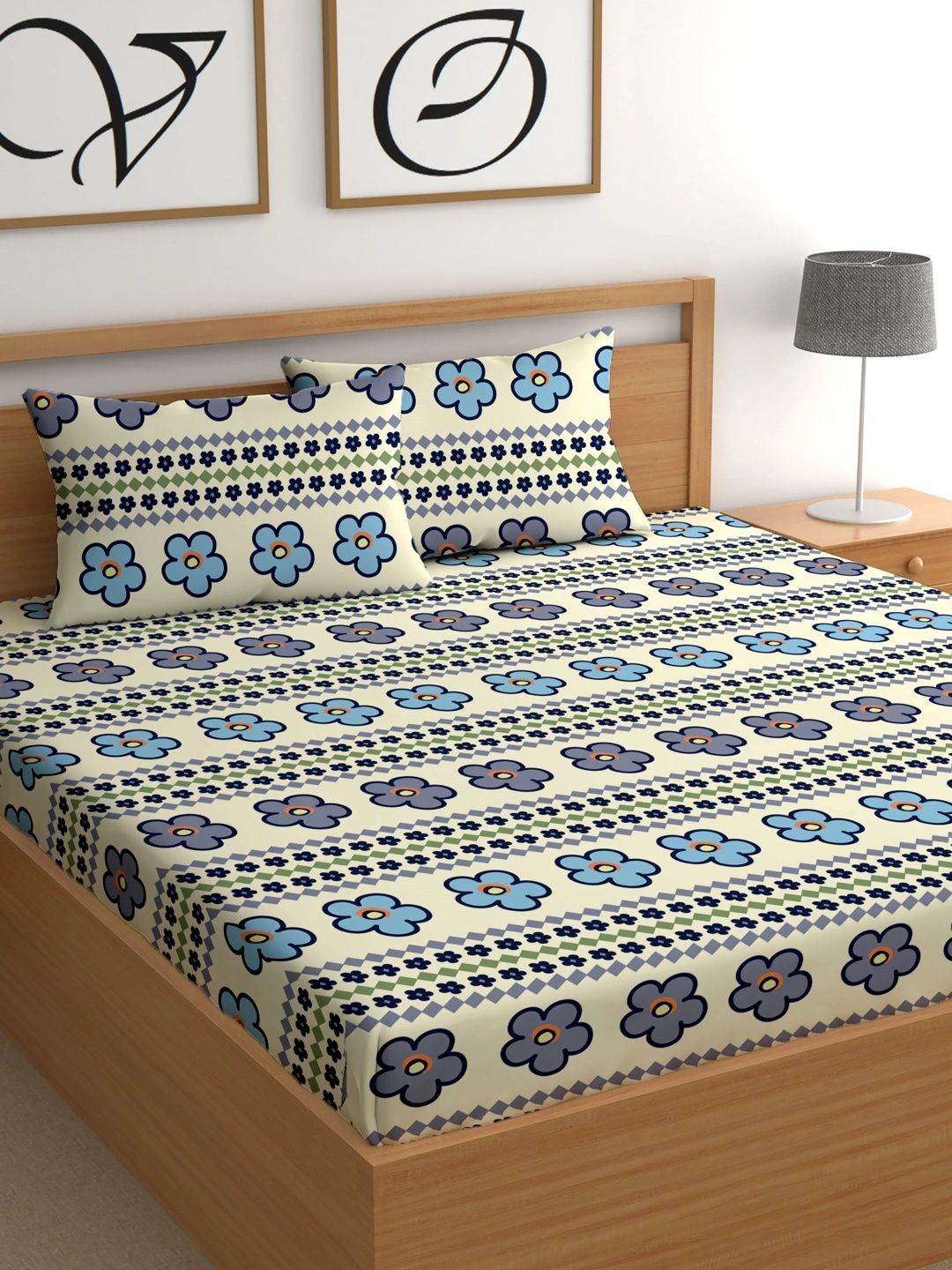 Myntra Elegant Homes Beige & Blue Floral 300 TC King Bedsheet with 2 Pillow Covers-image-11