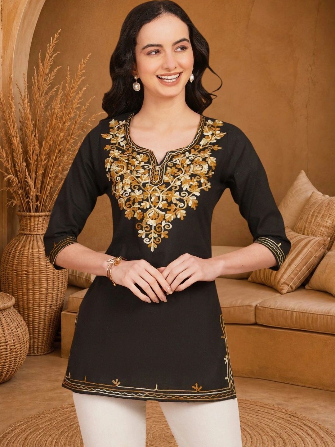 Anouk Rustic Ethnic Motifs Embroidered Thread Work Pure Cotton Blend Khadi Thread Work Kurti-picture-50