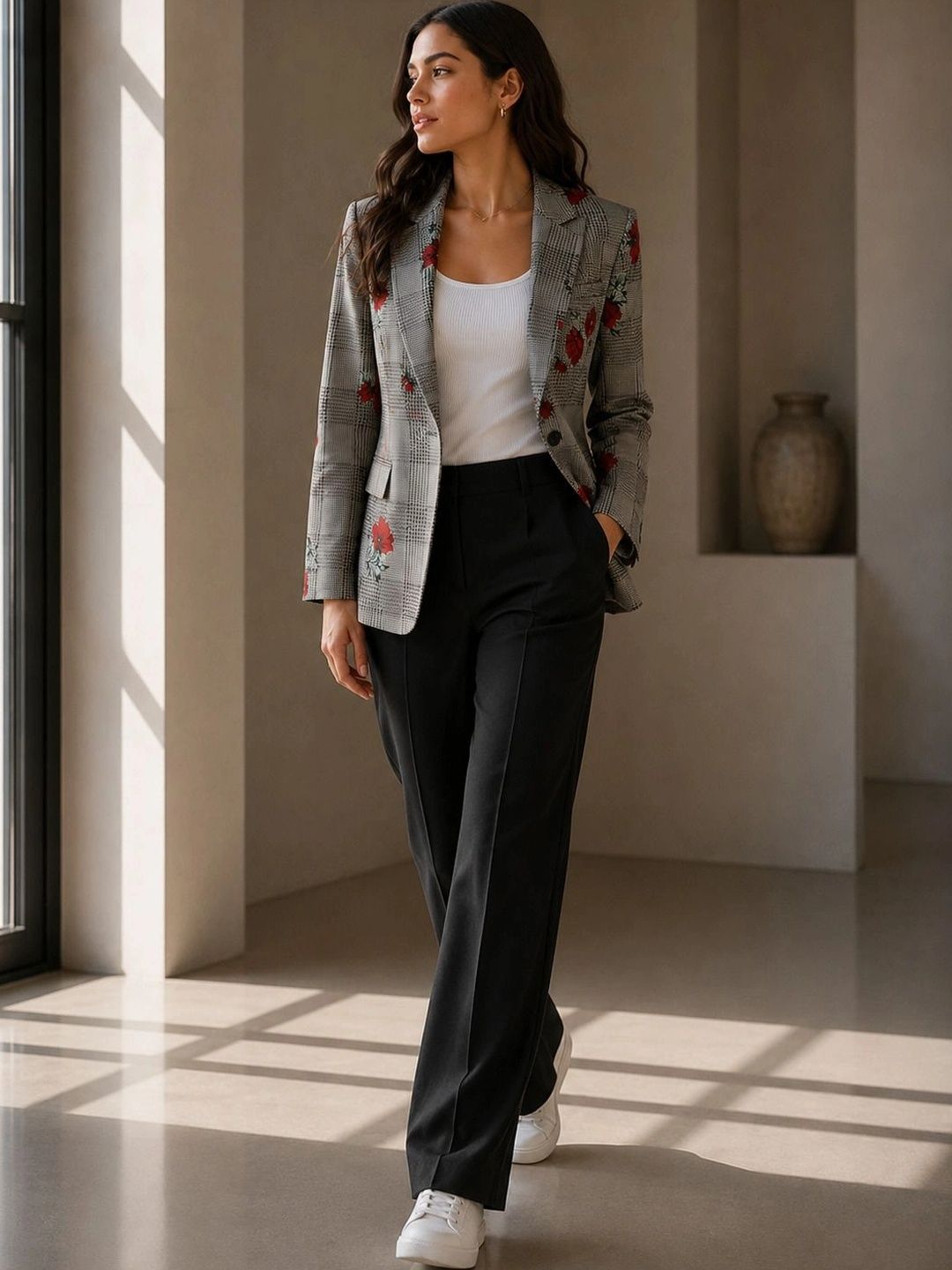 KASSUALLY Checked Notched Lapel Single-Breasted Blazers-picture-14