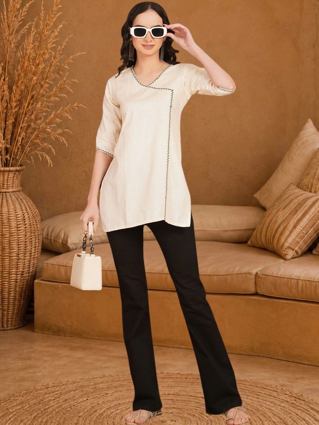 Anouk Rustic V-Neck Pure Cotton Blend Khadi Kurti-picture-47