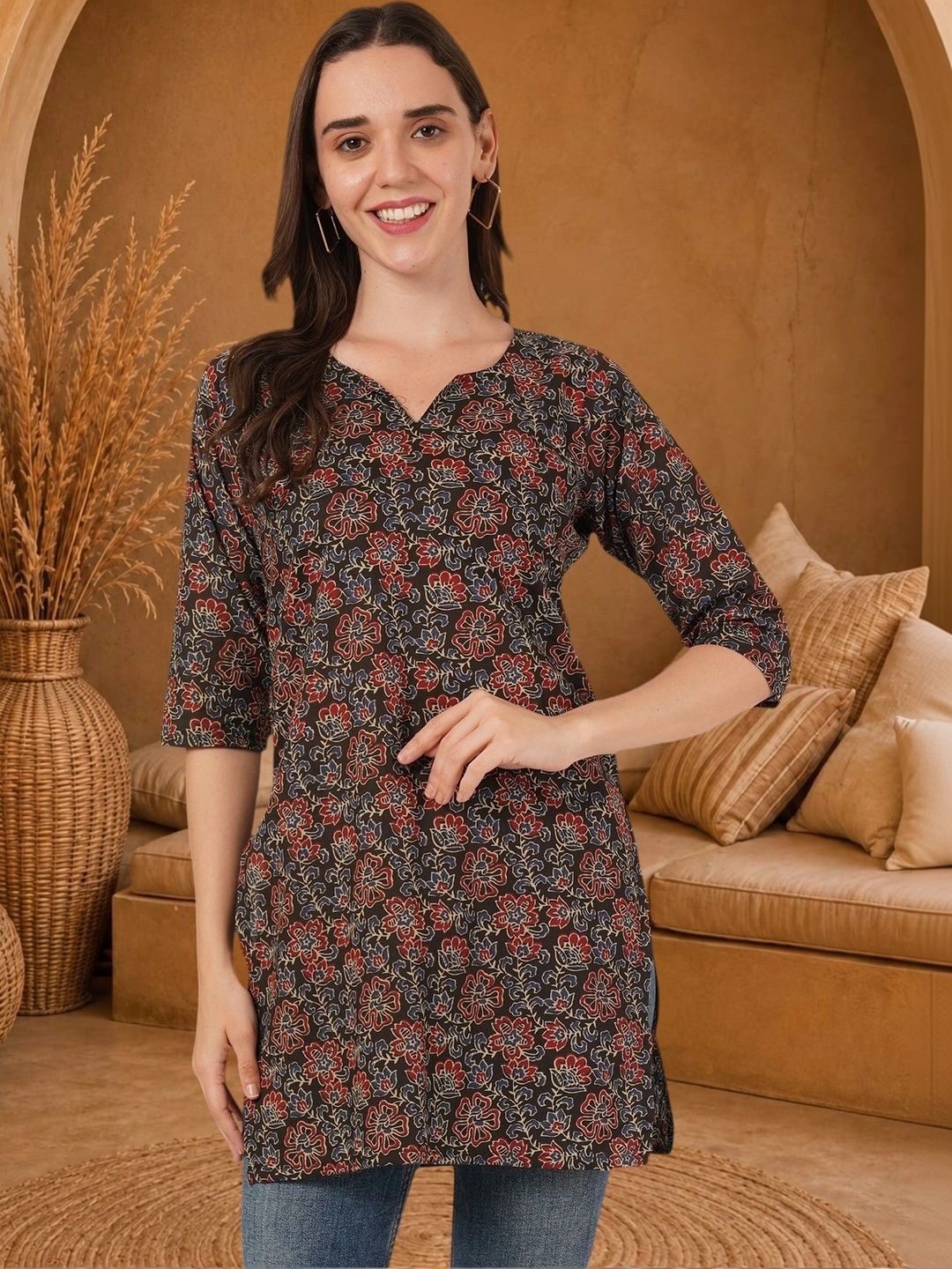 Anouk Rustic Floral Printed V-Neck Pure Cotton Blend Khadi Kurti-picture-43