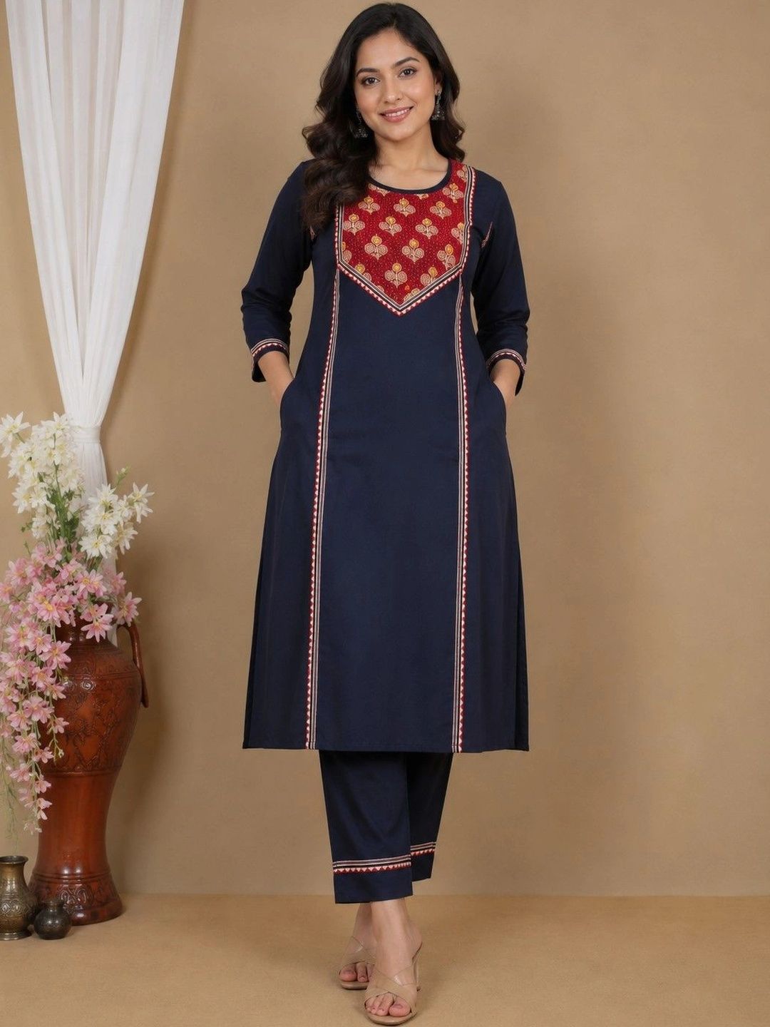 Classic Heritage Ethnic Motifs Embroidered Modal Blend Kurti-image-28