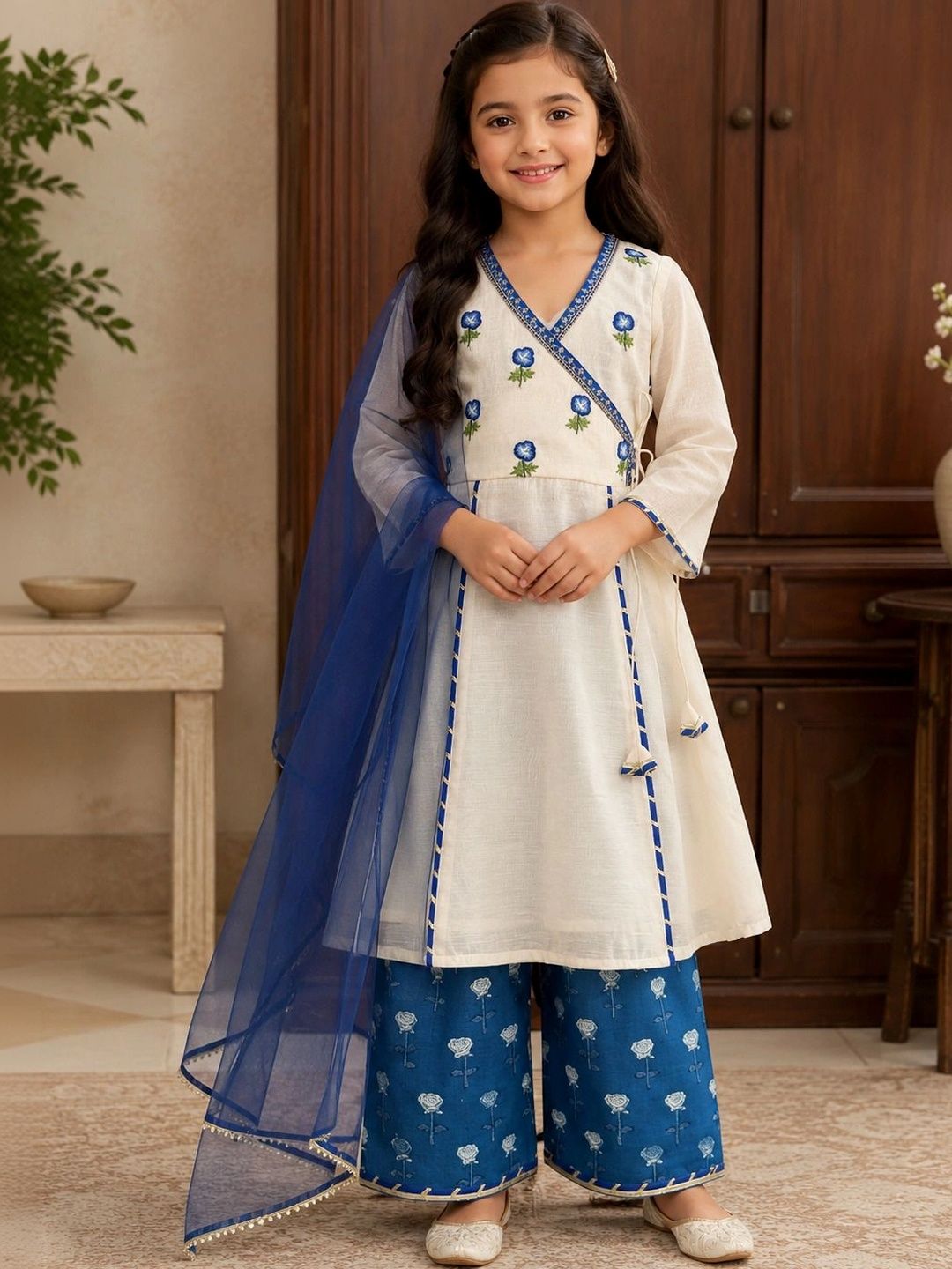 Bitiya by Bhama Girls Floral Embroidered Angrakha Chanderi Cotton Kurta with Palazzos & With Dupatta-picture-53