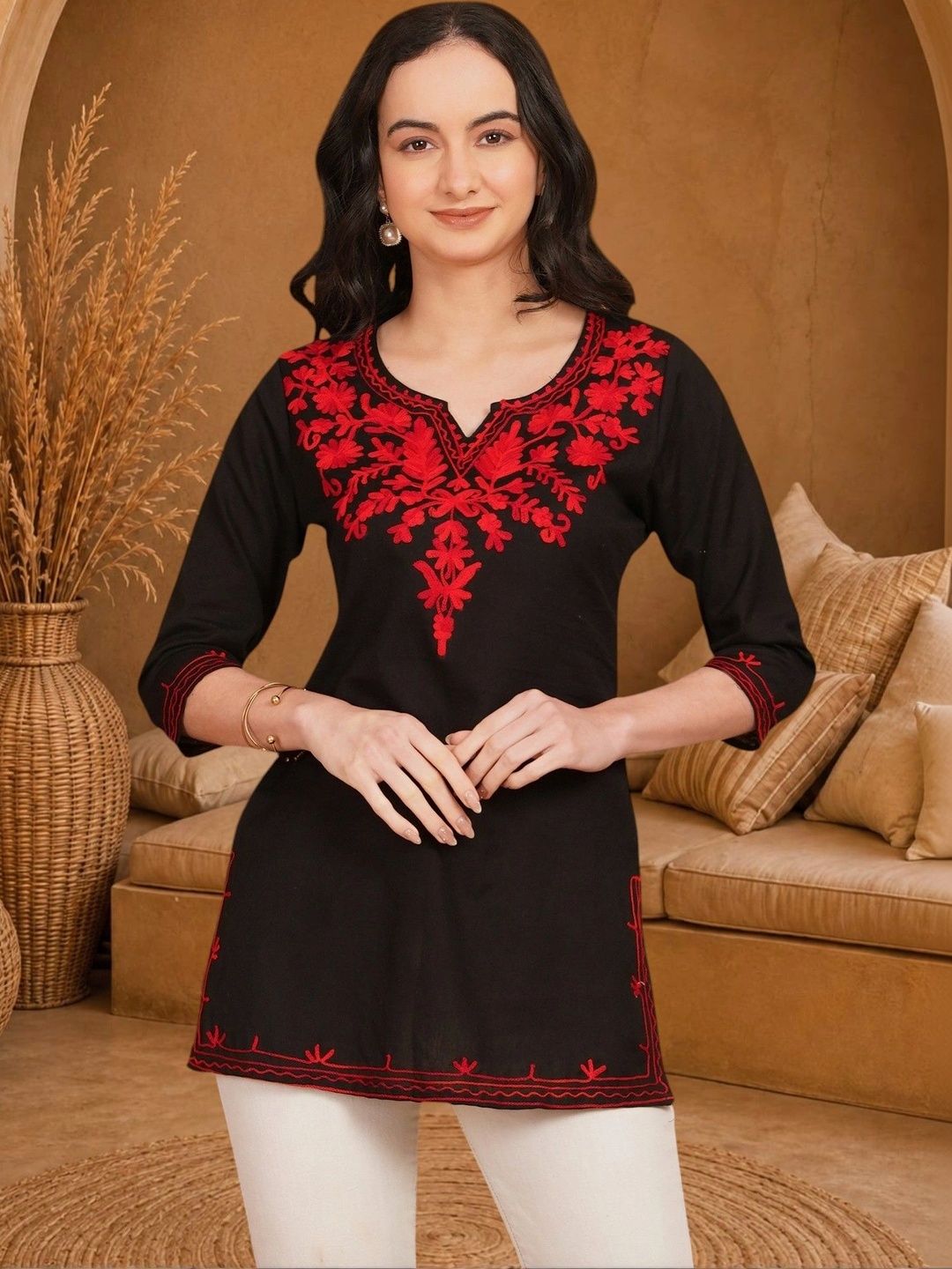 Anouk Rustic Ethnic Motifs Embroidered V-Neck Thread Work Pure Cotton Blend Khadi Thread Work Kurti-picture-17