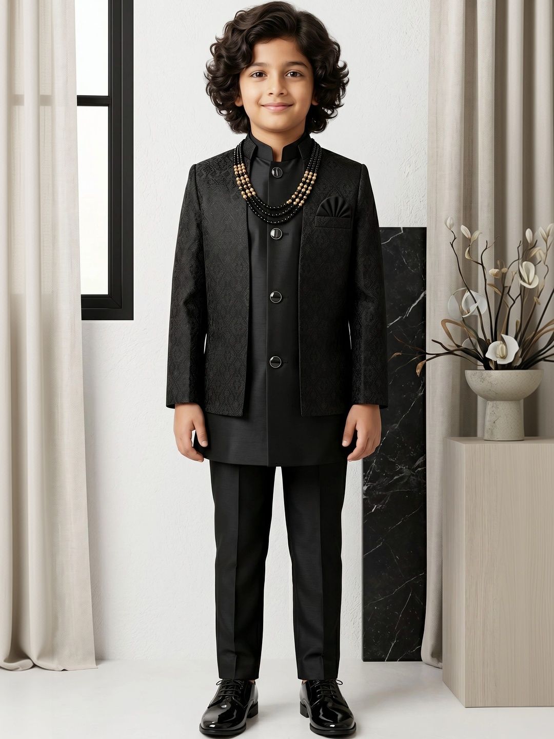 ahhaaaa Boys Embroidered Mandarin Collar Bandhgala Jodhpuri Sherwani Set-picture-17