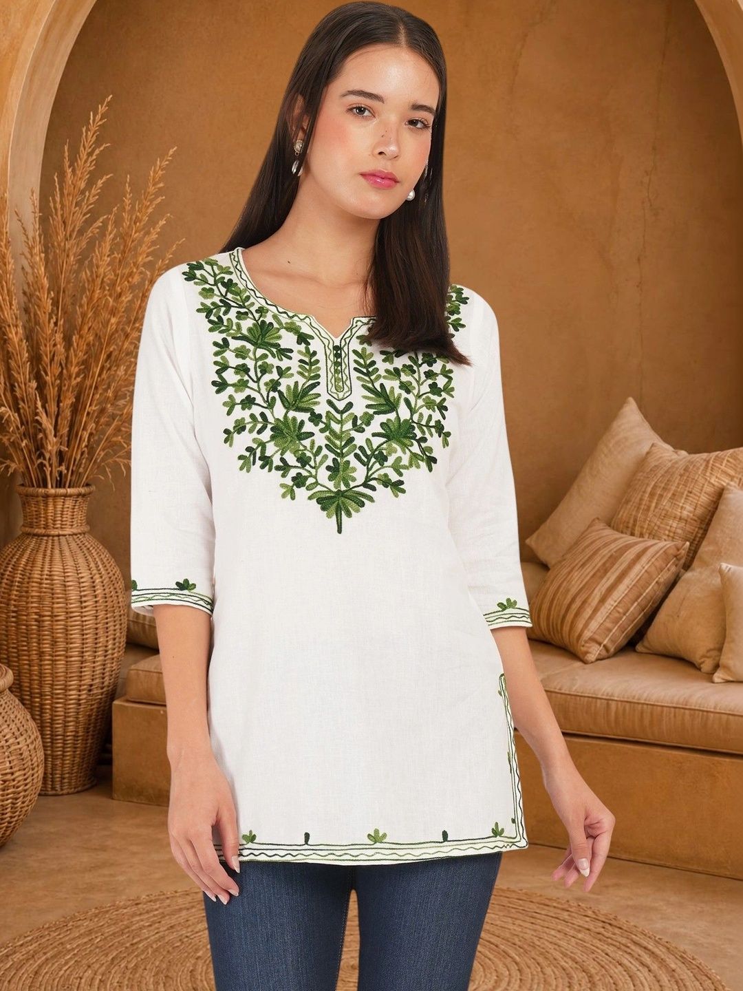 Anouk Rustic Botanical Embroidered V-Neck Thread Work Pure Cotton Blend Khadi Thread Work Kurti-picture-12