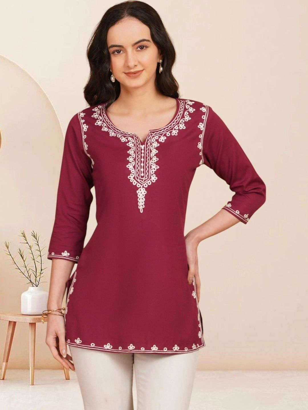KALAMIR Ethnic Motifs Embroidered V-Neck Thread Work Pure Cotton Blend Khadi Thread Work Kurti-picture-37
