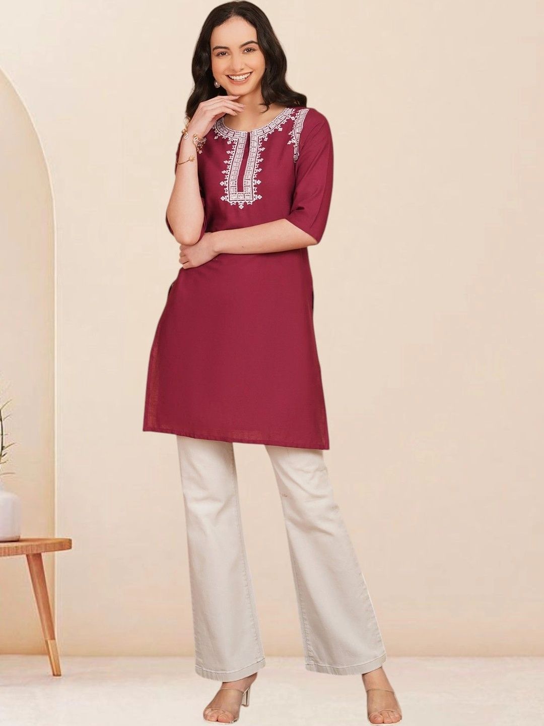 KALAMIR Ethnic Motifs Embroidered Pure Cotton Blend Khadi Kurti-picture-29