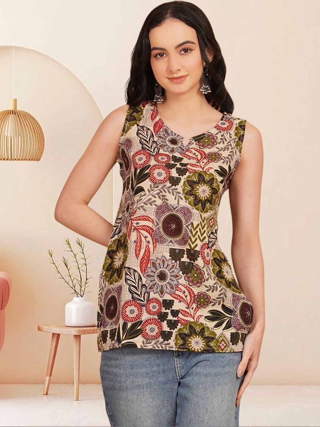 KALAMIR Floral Printed V-Neck Pure Cotton Blend Khadi Kurti-picture-33