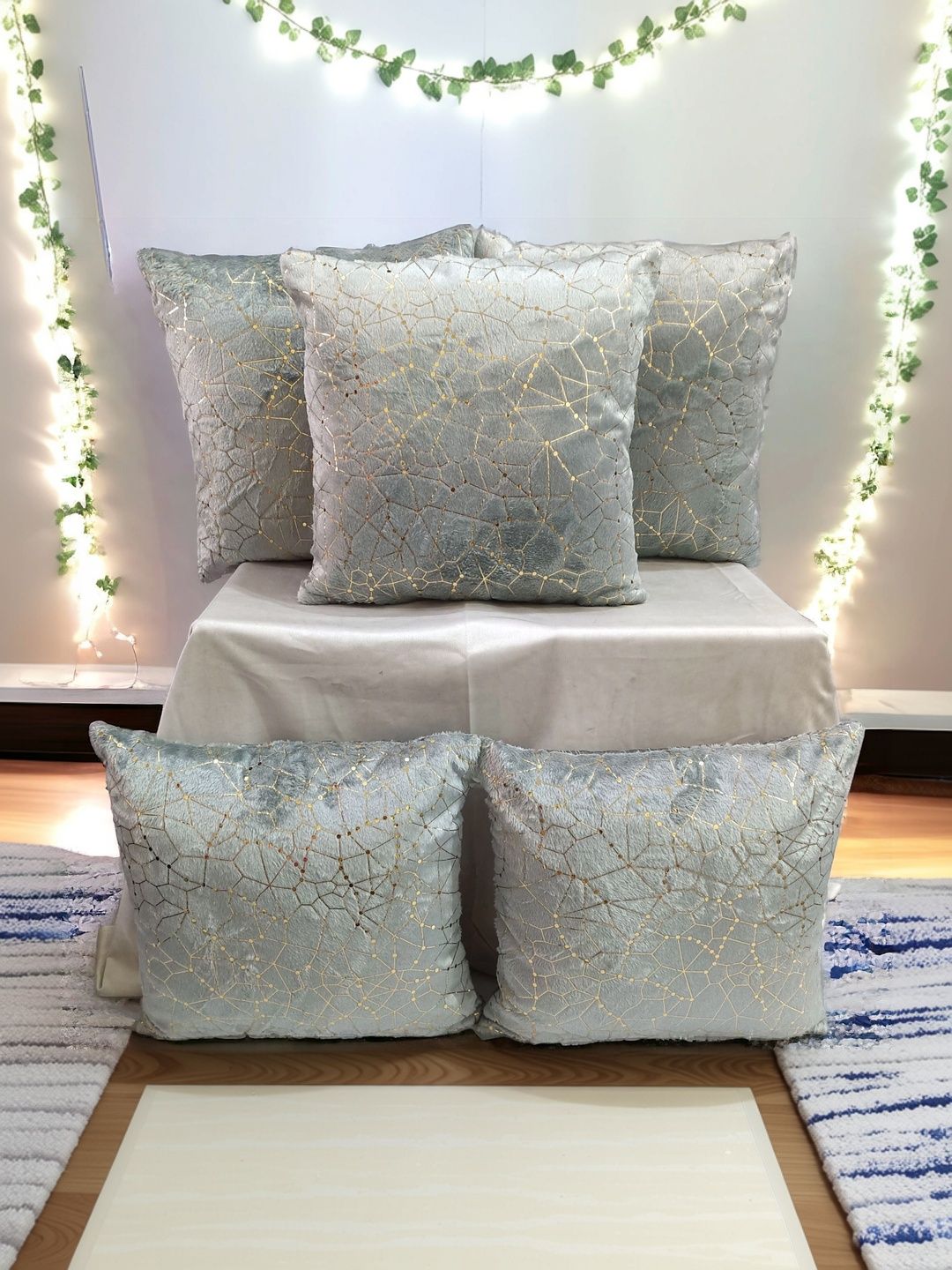 BALLEY Silver-Toned Set of 5 Geometric Velvet Square Cushion Covers-picture-44
