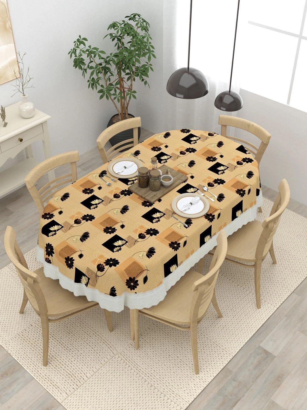 Aura Beige Floral Waterproof Oval 6-Seater Table Cover-picture-18
