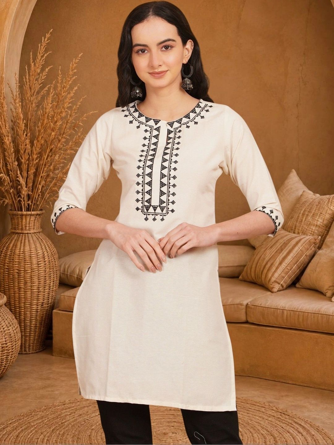 Anouk Rustic Ethnic Motifs Embroidered Thread Work Pure Cotton Blend Khadi Thread Work Kurti-picture-51