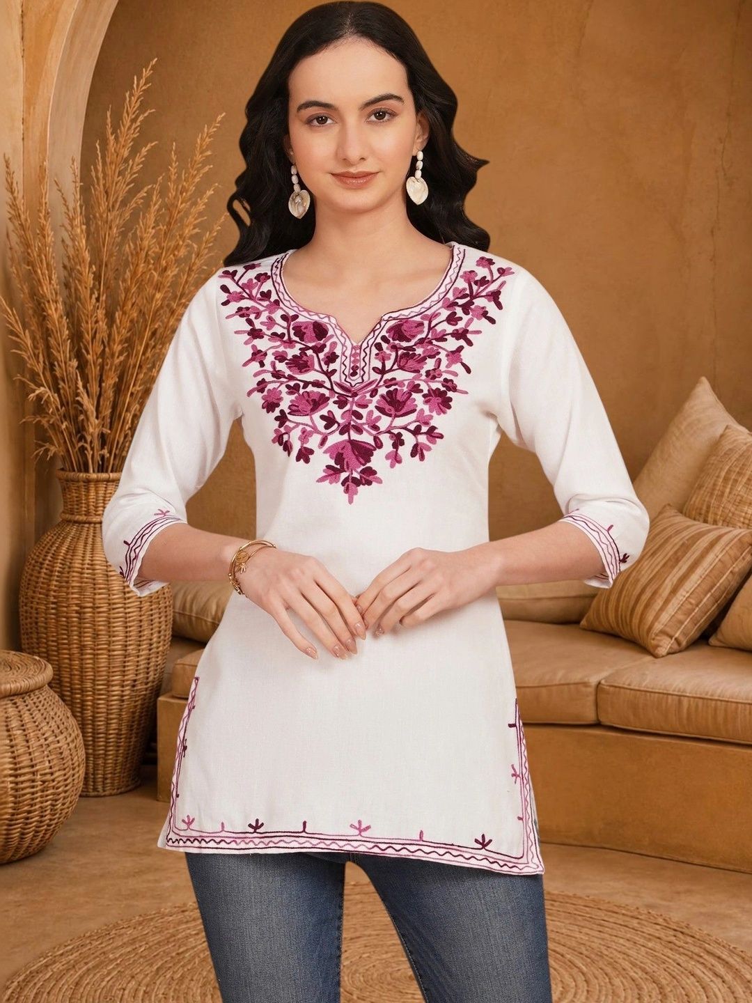 Anouk Rustic Floral Embroidered V-Neck Thread Work Pure Cotton Blend Khadi Thread Work Kurti-picture-13