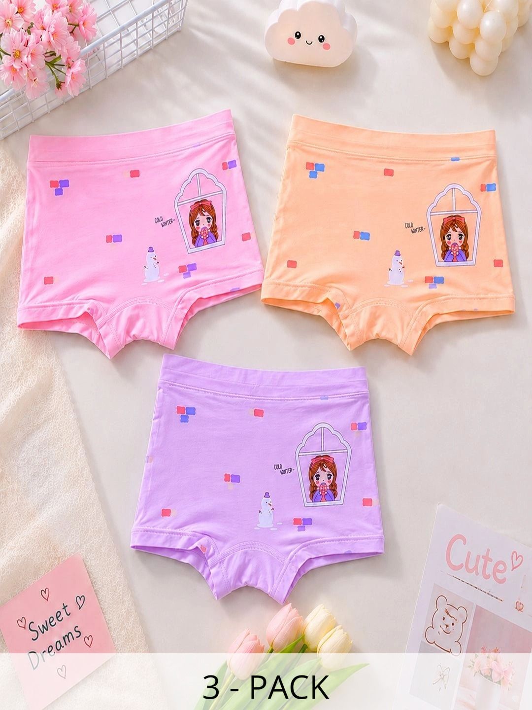 IRAVIA Girls Pack of 3 Printed Assorted Cotton Boy Shorts-picture-22