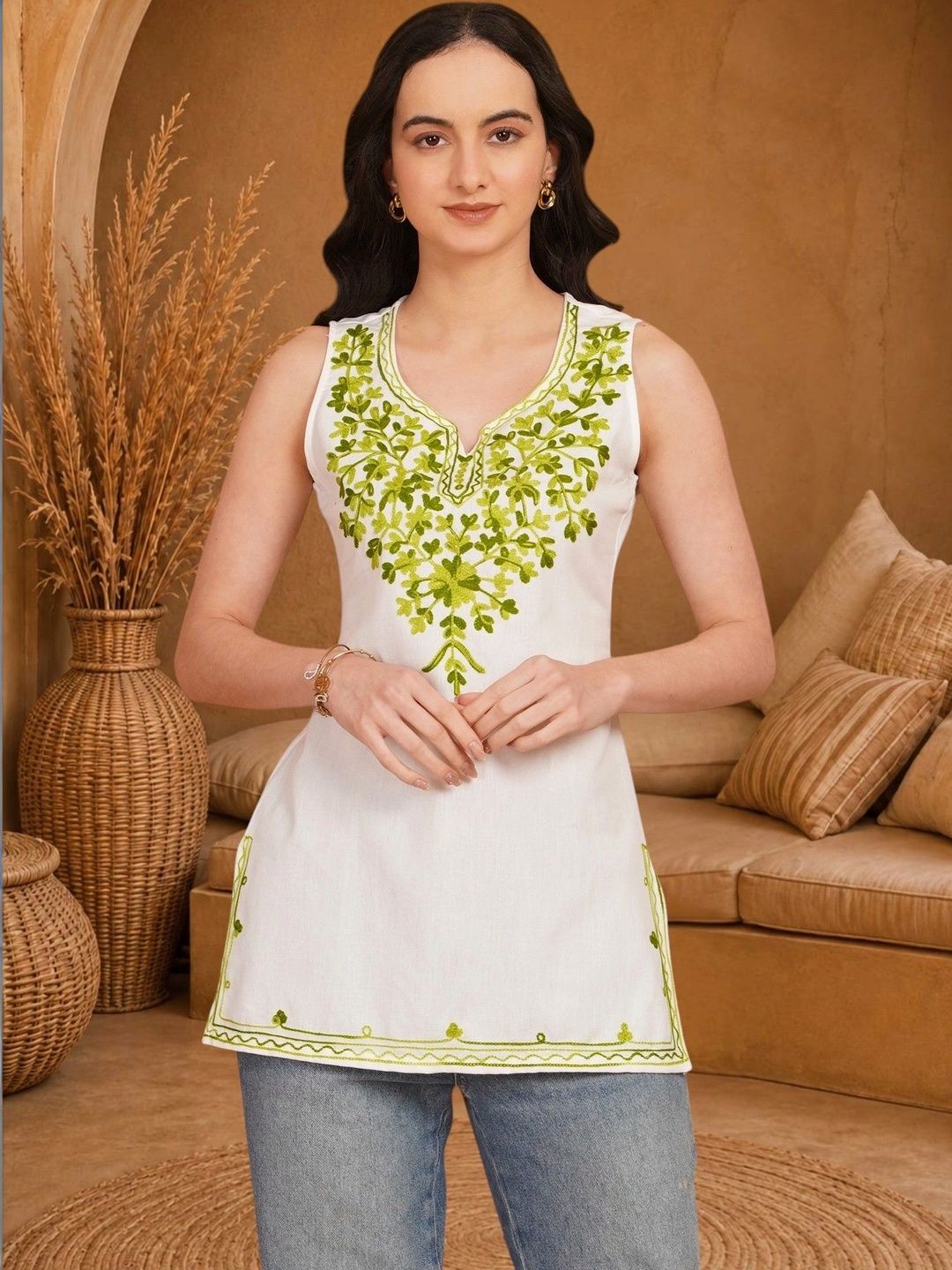 Anouk Rustic Ethnic Motifs Embroidered V-Neck Pure Cotton Blend Khadi Kurti-picture-28