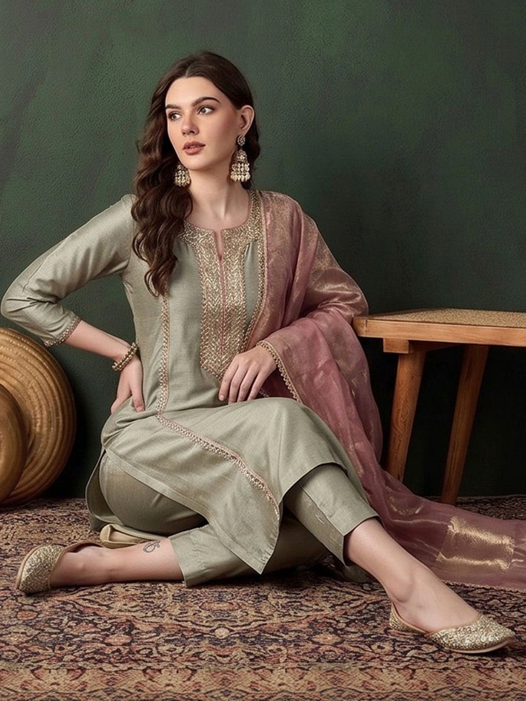 Sangria Women Ethnic Motifs Embroidered Regular Thread Work Kurta with Trousers & With Dupatta-picture-21