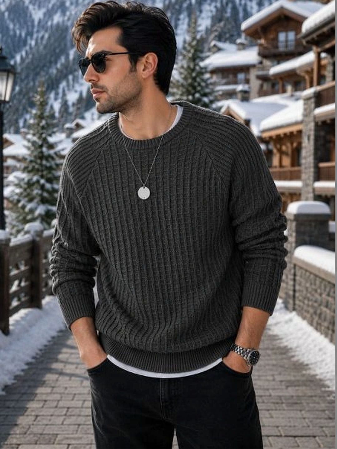 fashlook Men Cable Knit Ribbed Woollen Pullover-picture-11