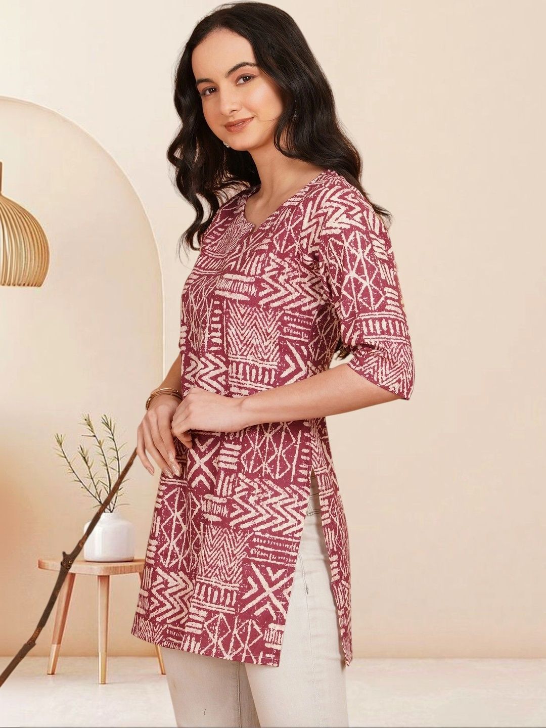 KALAMIR Geometric Printed V-Neck Pure Cotton Blend Khadi Kurti-picture-22