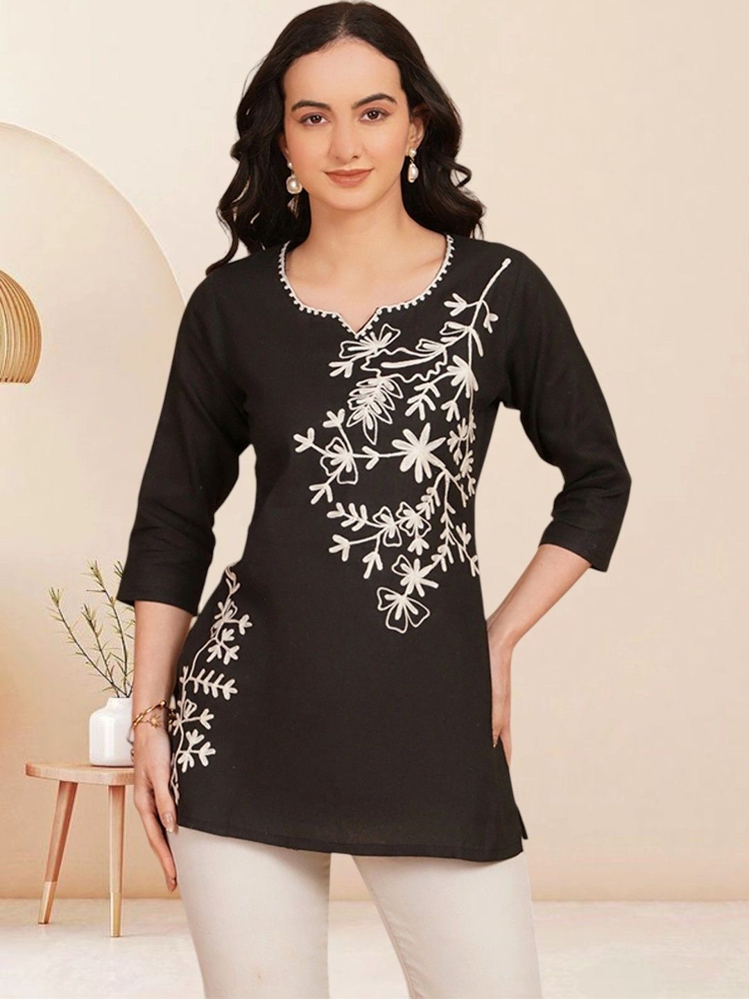 KALAMIR Floral Embroidered V-Neck Pure Cotton Blend Khadi Kurti-picture-34