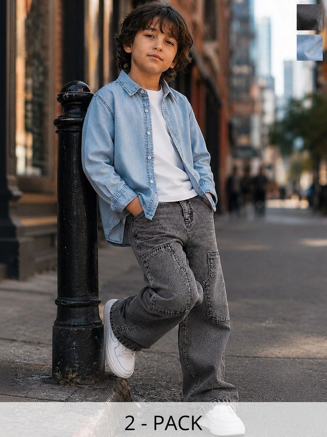 Purple United Kids Boys Blue Comfort Denim Shirt Grey Relaxed Fit Denim Jeans Combo Set-image-3