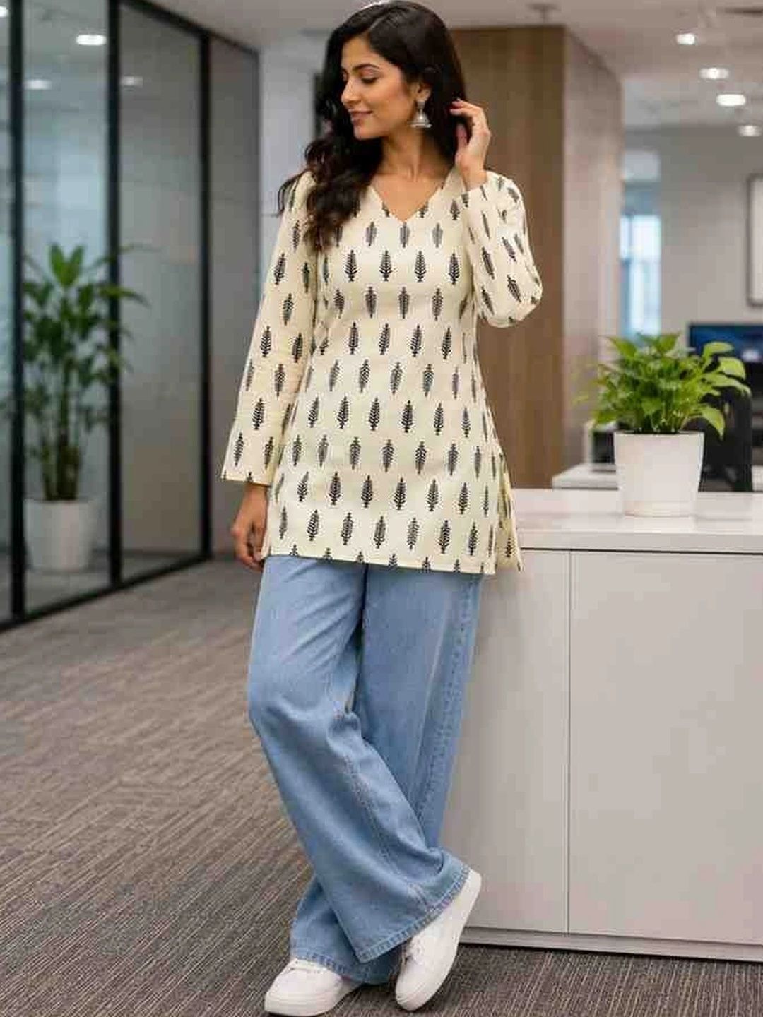 AQUILIQ Botanical Printed V-Neck Pure Cotton Blend Handloom Kurti-picture-34