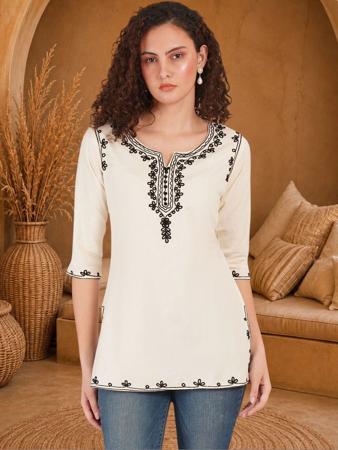 Anouk Rustic Ethnic Motifs Embroidered V-Neck Thread Work Pure Cotton Blend Khadi Thread Work Kurti-picture-28