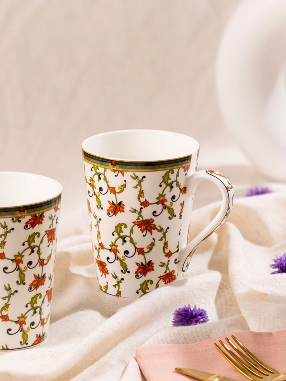 GOLDEN QUEEN'S Brown Floral Printed Bone China Glossy Mugs Set of Cups and Mugs-image-39