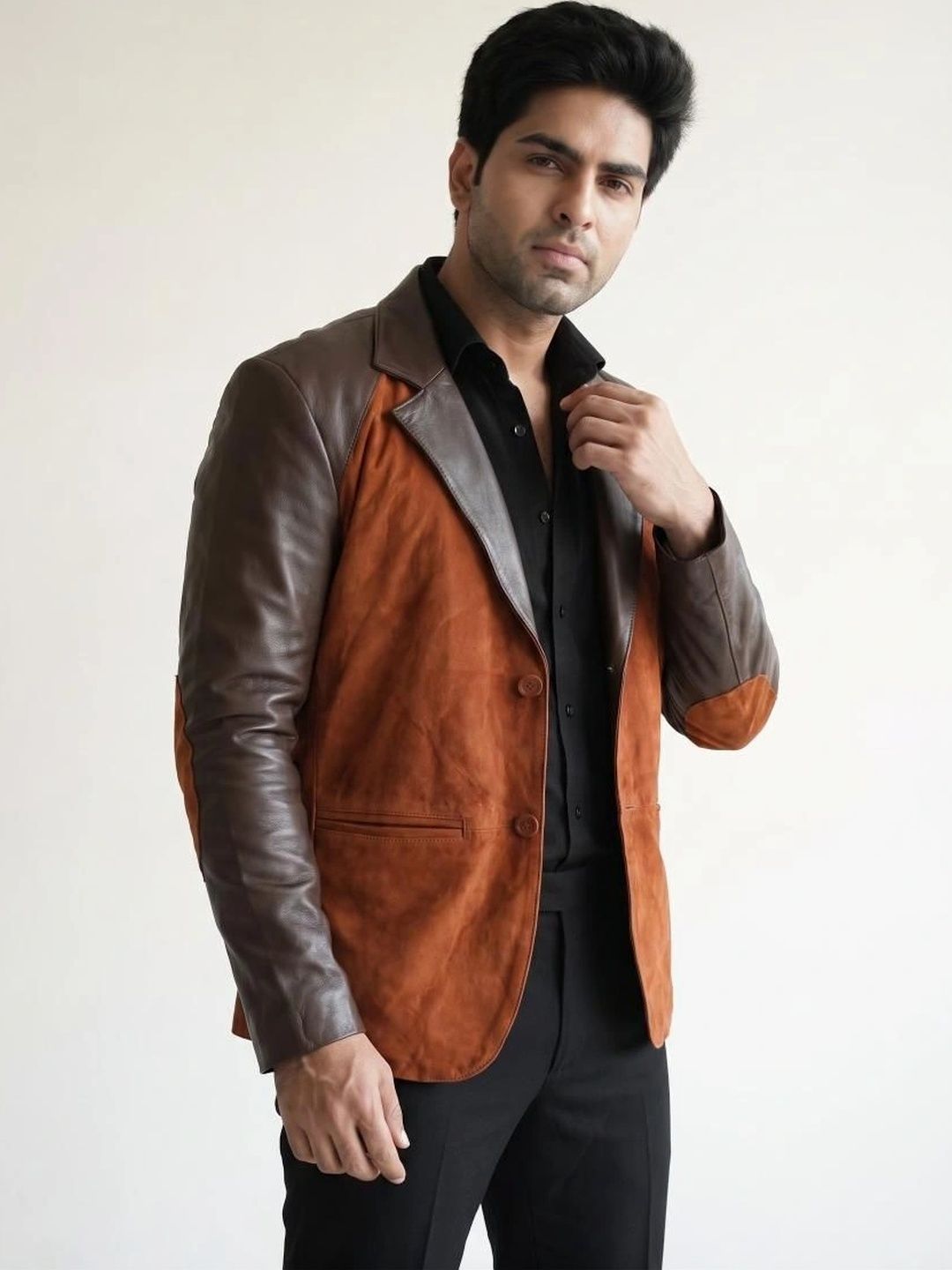 Mark Styling Men Colourblocked Suede Tailored Jacket with Patchwork-picture-19