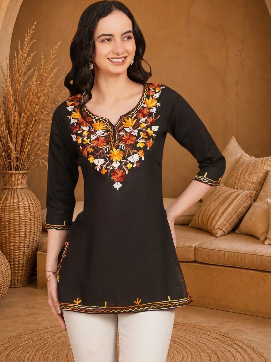Anouk Rustic Ethnic Motifs Embroidered V-Neck Thread Work Pure Cotton Blend Khadi Thread Work Kurti-picture-27